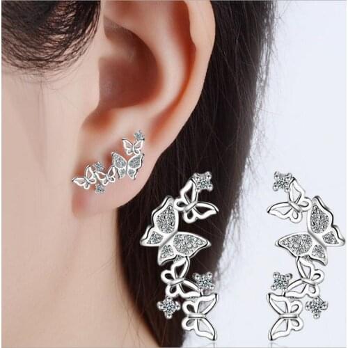 925 Sterling Silver Jewelry Hot Korean Bow Tie Zircon Crystsal Butterfly Stud Earrings For Women Pendientes Oorbellen Brinco