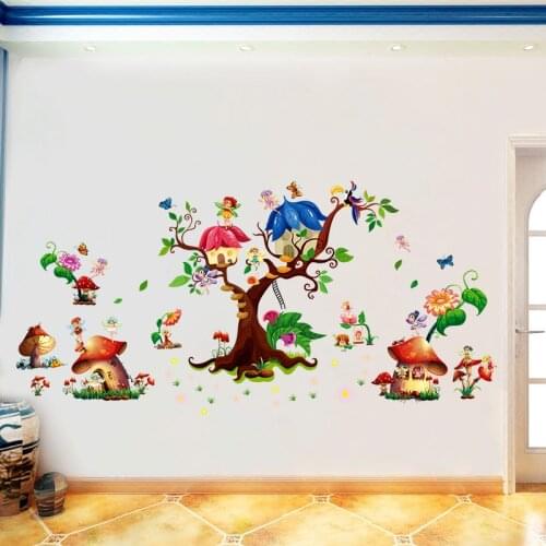 Butterfly Flower Fairy Wall Stickers Green Tree Mushroom Leaf Stickers For Kids Room Girls Room Living Room Bedroom
