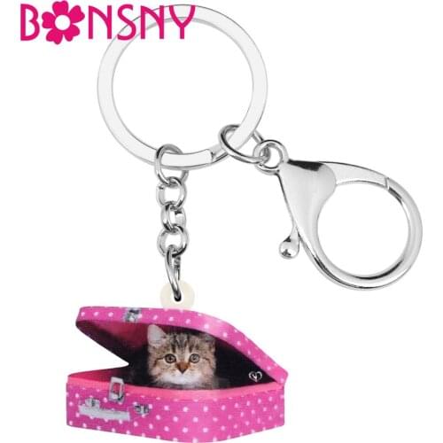 Bonsny Acrylic Valentines Day Box Cat Kitten Key Chains Ring Bag Car Purse Decoration Animal Keychains For Women Girl Teen Gift
