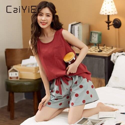 CAIYIER Summer Cotton Pajamas Set O-Neck Soild Girls T-Shirt And Shorts Sleepwear Casual Ladies Nightwear Homewear Big Size 3XL