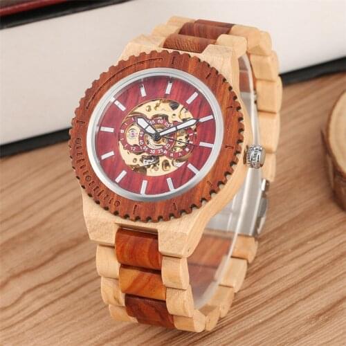 Creative Wooden Watch Mechanical Watches Automatic Timepiece Maple Wood Mens Watch Golden Skeleton Self-Winding Bangle Clock