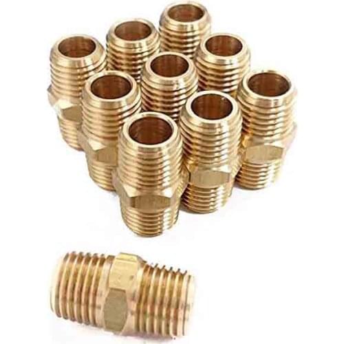 Pipe Fitting and Air Hose Fitings, Hex Nipple Coupling Set - 1/4-Inch NPT x 1/4-Inch NPT,Solid Brass, Male Pipe- 10 Piece