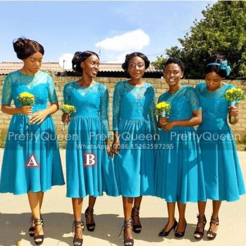 Sky Blue Lace Short Bridesmaid Dresses 2021 A Line Long Sleeves Sheer Neck Knee Length Bridal Wedding Party Dress