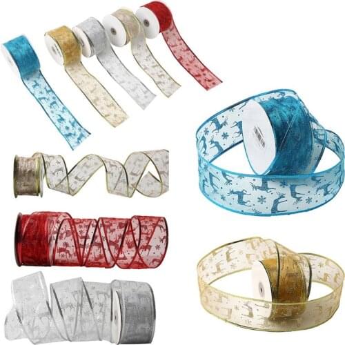 50 Yards/roll Glitter Sheer Wired Organza Christmas Elk Ribbon Webbing for Wedding Xmas Tree Decoration DIY Craft Packing Gift