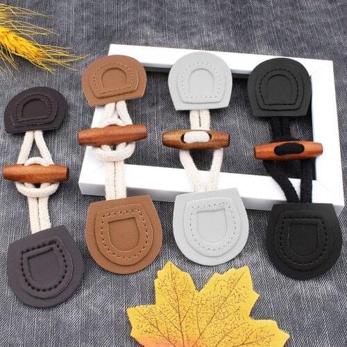 Fashion Horn Buttons Duffle Coat Jacket Fasteners Toggle with Leather Patch Buckle Buttons for Overcoat Decor Sewing Accessories