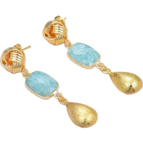 JK Trendy Style Natural Amazonites Rectangle Gold Color Teardrop Charm Bezel Stud Earrings For Women