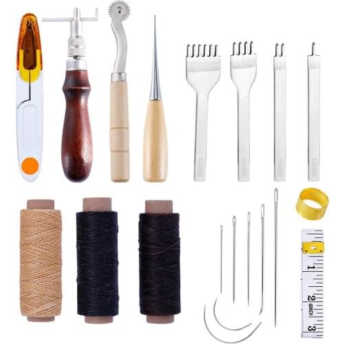 20PCS Leather Craft Hand Tools Kit Waxed Thread Thimble Kit for Hand Stitching Sewing Stamping DIY Tool Set
