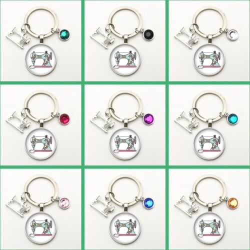 New Nine-color Crystal Flower Sewing Machine Art Picture Key Ring Jewelry Cute Glass Dome Pendant Creative Charm Gift Souvenir