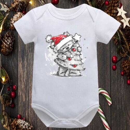 Newborn Merry Christmas New Fashion Bear Graphic Printed Baby Romper Cute Cartoon Infant Short Sleeve White Onesies