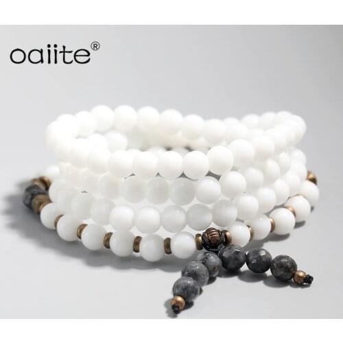 OAIITE Natural Healing Energy Tridacna Stone Bracelet Polished 8 mm White Beads Bangle Elastic Pulsera Women&Men Jewelry