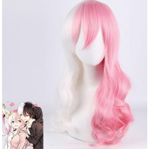 Anime Danganronpa Monomi Women Long Curly Cosplay Wig Dangan Ronpa White Pink Mix Synthetic Hair Halloween Party Costume Wigs