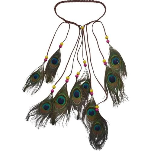 Bohemian Peacock Feather Headbands Hair Accessories Women Hippie Festival Turkish Ethnic Resin Beaded Long Adjustable Headdress