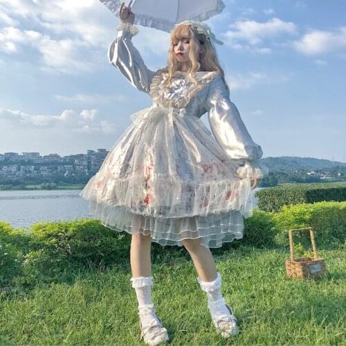 Cute Print Long Sleeve Dress Autumn/Winter 2019 New Lollip Peter Pan Collar High Waist Strap Retro Gothic Princess Lolita Dress