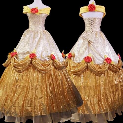 Movie Beautiful Girl And Beast Princess Belle Posh Rose Dress Halloween Carnival Ball Gown Adult Women Cosplay Costume