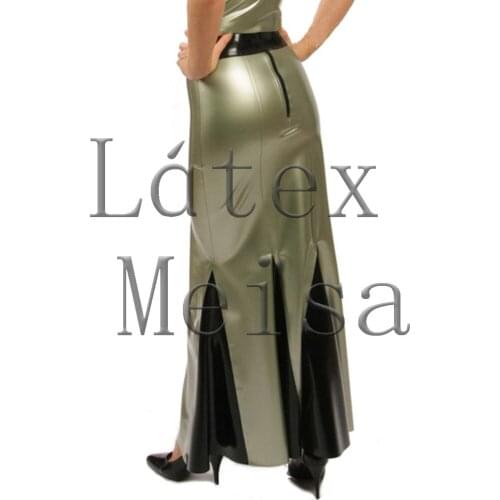 Bling casual silver A-line pleated long latex skirt and decorative with black trim for women