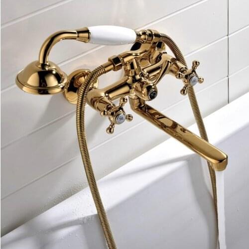 Shower Faucet Brass Polished Gold Bathtub Faucets Hand Rain Shower Head Tap Luxury Ceramic Telephone Wall Bath & Shower Faucet