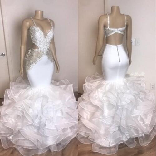 2020 White Mermaid Prom Dresses With Applique Organza Cascading Ruffle Skirt Lace Spaghetti Straps Evening Gowns