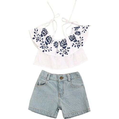 3-7Years Girl’s Lace-up Tops and Shorts Set Fresh Printing Boat Neck T-shirt and Solid Color Denim Short Pants