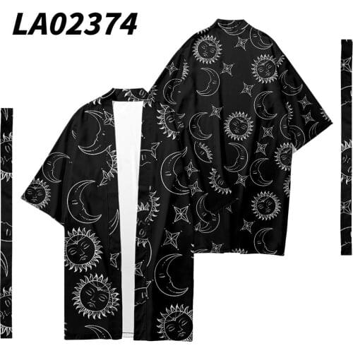 Japanese Black Sun Moon Print Kimono With Belt Cardigan Loose Tops Casual Coat Yukata Men Women Asian Clothing