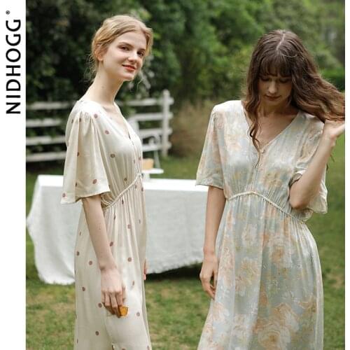 Autumn Gentle Long Skirt Fairy Satin Nightgowns V-Neck Sleeping Dress Short-sleeved Women Nightwear Waist Show Thin Sleepwear