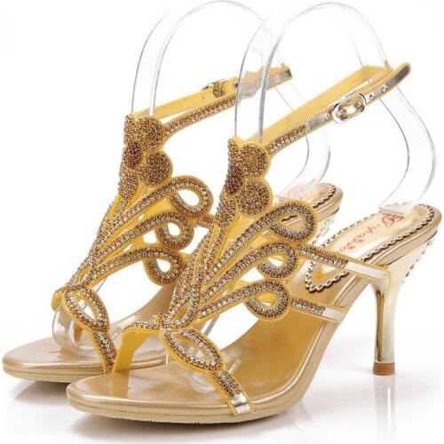 G-SPARROW 2018 Summer New Fashion High-heeled Diamond Sandals Female Sexy Gold Stiletto Heel Shoes 8cm