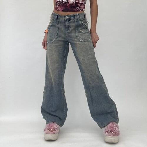 Women High Waist Wide Leg Button Jeans Vintage Wash Blue Loose Straight Denim Trouser 2021 Autumn Harajuku Kawaii Y2K Clothes