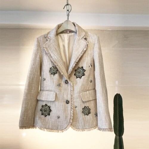 High Quality 2020 Spring Women Long Sleeve Luxury Beading Tweed Slim Jacket Blazers Suit