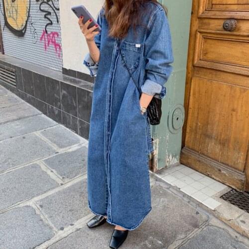 2020 vintage Spring Autumn Korean chic retro lapel single-breasted loose belt casual Long Denim Trench Coat Women Overcoats b370