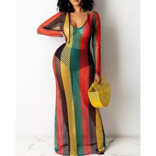 2021 Spring Summer Elegant Colorblock Hollow Out Cover Up Dress Long Sleeve Skinny Sexy See Through Maxi Striped Dress