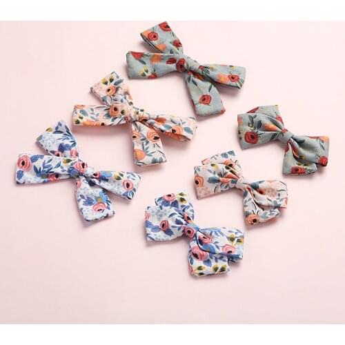 12 pcs/lot, Baby Girls Floral print Handtied Bow Hair Clips, fabric Sailor Bow Nylon headbands, School Girl Bow hair accessories