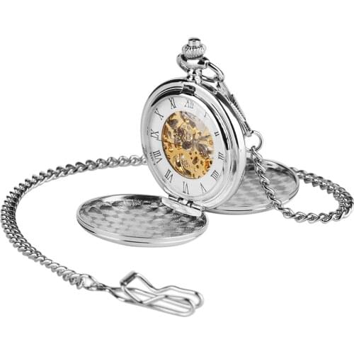 2020 New Arrival Silver Smooth Double Full Hunter Case Steampunk Skeleton Dial Mechanical Pocket Watch With Chain for Best Gifts