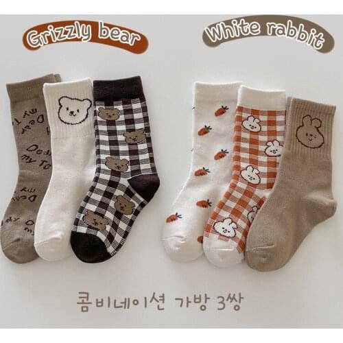 3 Pairs Warm Kids Socks Autumn Retro Baby Girl Socks Cute Cartoon Lattice Winter Cotton Boy Long Tube Socks Accessories