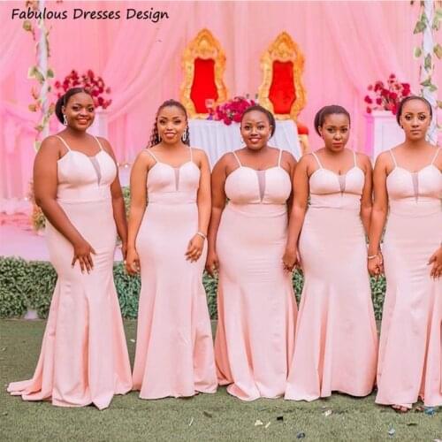 African Pink Mermaid Bridesmaid Dresses Illusion Scoop Neck Spaghetti Strap Long Simple Dress Wedding Party Maid Of Honor