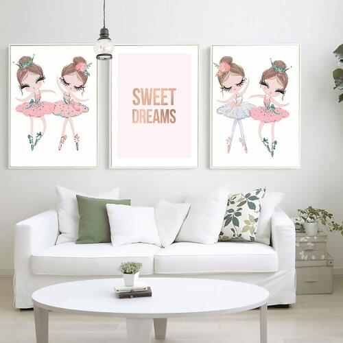 Nursery Posters Pink Cartoon Ballet Girl Wall Art Nordic Kids Decoration Pictures Baby Bedroom Decor Metal Organic Glass Frame
