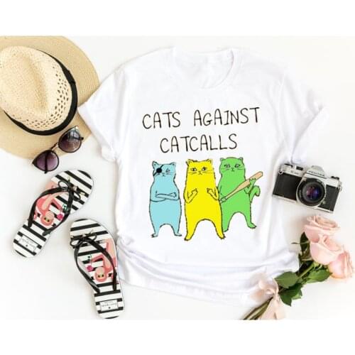 Cats Against Catcalls slouchy t-shirt Mom Short Sleeve Womens Harajuku Mama 100%cotton Aesthetic O Neck Top Tee Drop Shipping