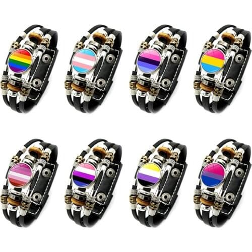 Hot Rainbow LGBT Lesbians Gay Pride Leather Bracelet Retro Punk Style Friendship Couple Snap Button Bracelet Women Men Jewelry