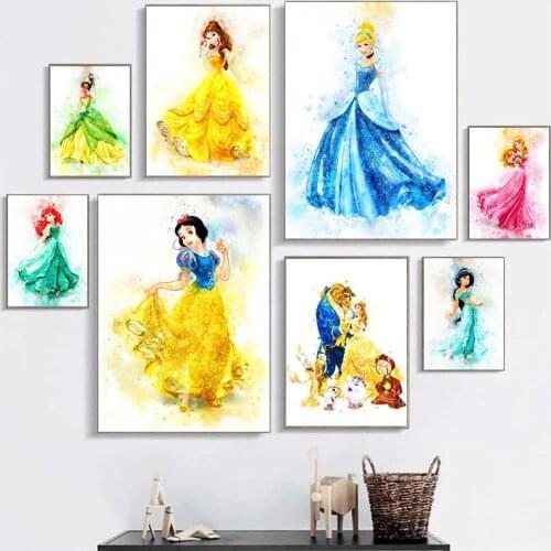 Disney Snow White Belle Cinderella Canvas Painting Anime Watercolor Prints Posters Wall Art Pictures for Girl Room Decor
