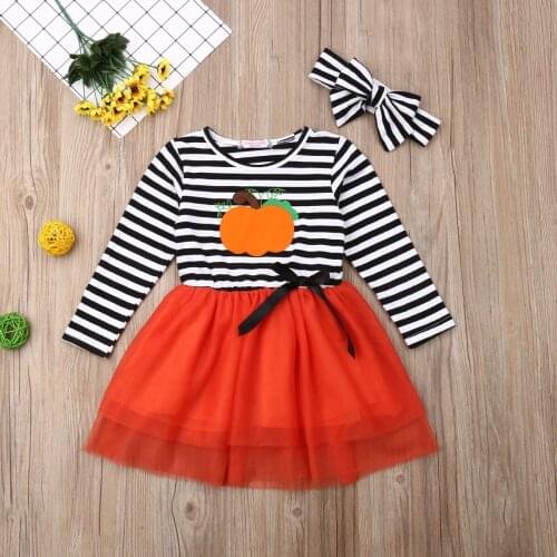Toddler Girls Halloween Dress Sets, Long Sleeve Patchwork Pumkin Tulle Dress Bowknot Headband Outfits