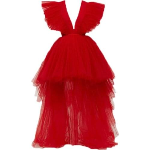 Abiye Red Lush Prom Party Dresses Asymmetrical vestido de festa longo High Low Stand Up Long Prom Gowns abendkleider