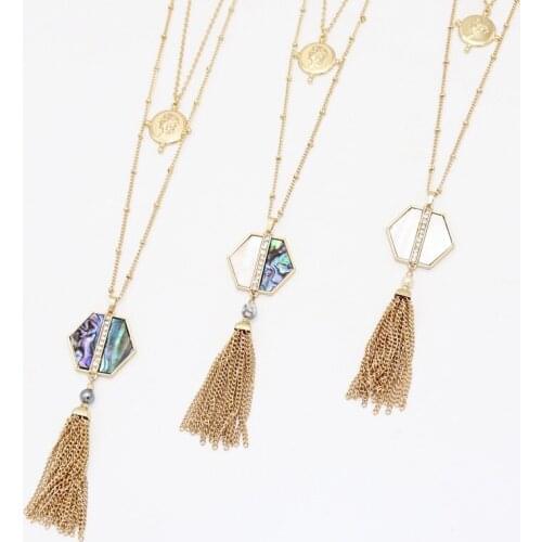 Fashion Square Hexagon Abalone Shell Pendant Metal Tassels Long Chain Sweater Necklace Geometric Body Jewelry