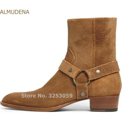 ALMUDENA European High Quality Genuine Leather Cowboy Boots Buckle Strap Chain Motorcycle Boots Cool Chelsea Boots Men shoes