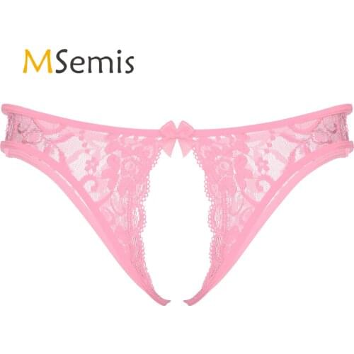 Mens Lingerie Panties Floral Lace Crotchless Sissy T-back Briefs Hollow Out Low Waist Open Crotch Thong Underwear Underpants