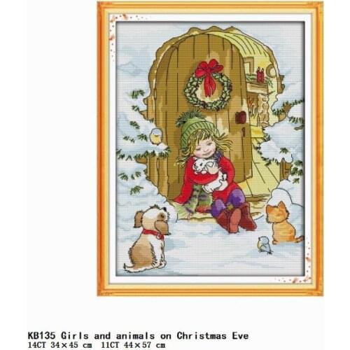 Joy Sunday Girls and Animals on Christmas Eve Embroidery Needlework Counted Stamped Home Decor Cross Stitch Kits 11CT 14CT Print