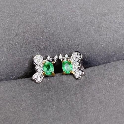 Natural green Emerald stud earrings 925 silver Natural gemstone earring women girl grace cute butterfly party gift jewelry