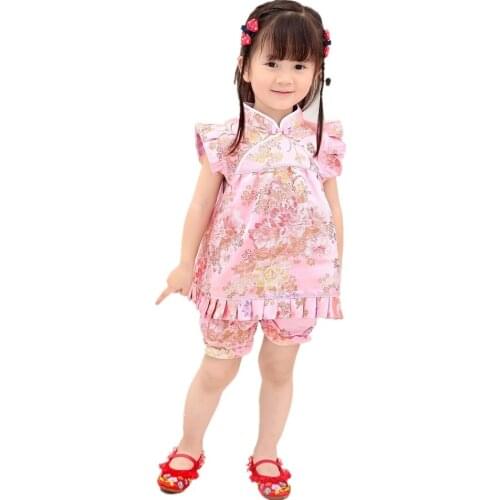 2019 New Summer Floral Qipao Childrens Sets New Year Chinese dresses short pants cheongsam