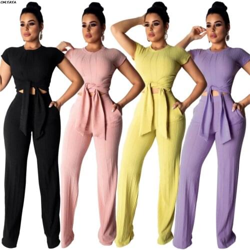 2019 New women knitted short sleeve tie up sweater straight long pants suits two piece set vintage tracksuit outfit S-2XL A8319
