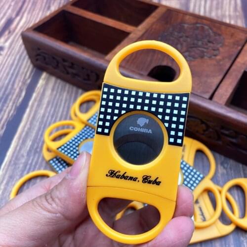 COHIBA Stainless Steel Yellow Cigar Cutter Blade Scissors Sharp Travel Sigaar Cutting Tool Pocket Cigars Guillotine Zigarren