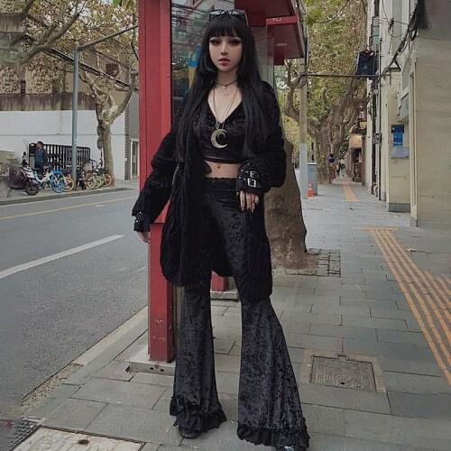 Ruibbit Mall Goth High Waist Flared Pants Aesthetic Sexy Lace Patchwork Trousers Women Vintage Elegant Velvet Christmas Pants