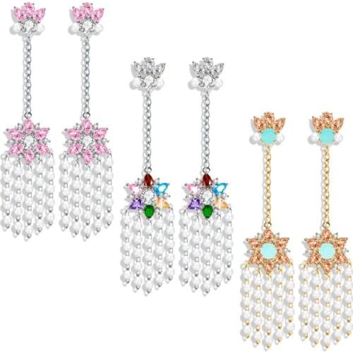 Flower Dangling CZ Stone Long Pearl Tassel Drop Earring for Women Copper +Cubic Zirconia Stud Dinner Party Jewelry