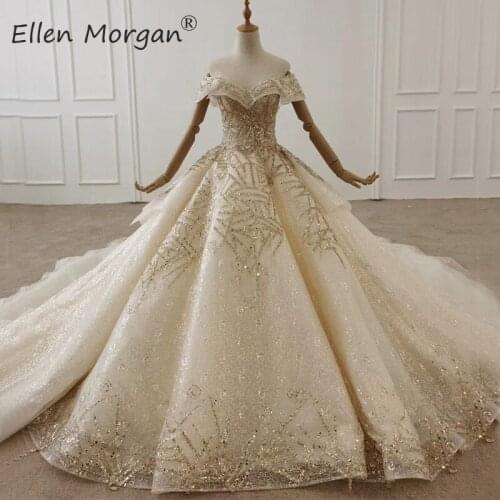 Champagne Off Shoulder Ball Gowns Wedding Dresses for Women 2020 Lace Crystals Merry Real Photos Princess Puffy Bridal Gowns